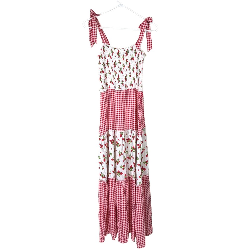 Strawberry Gingham Maxi Dress Womens Medium Cottagecore Coquette Picnic Feminine - Picture 3 of 9
